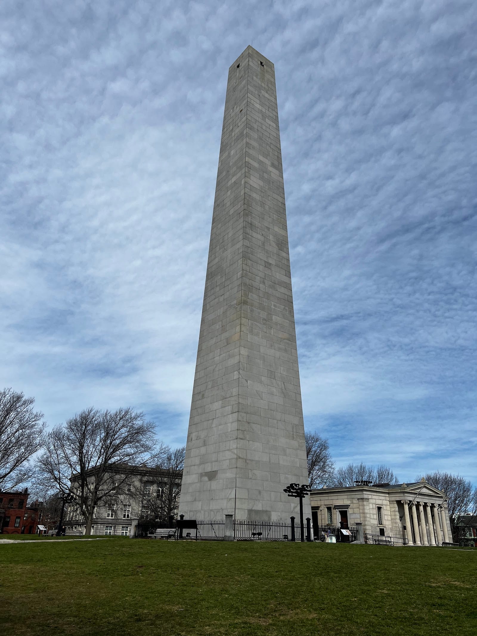 The Bunker Hill Monument at the end of a historic Charlestown street, the Freedom Trail's northern end.
