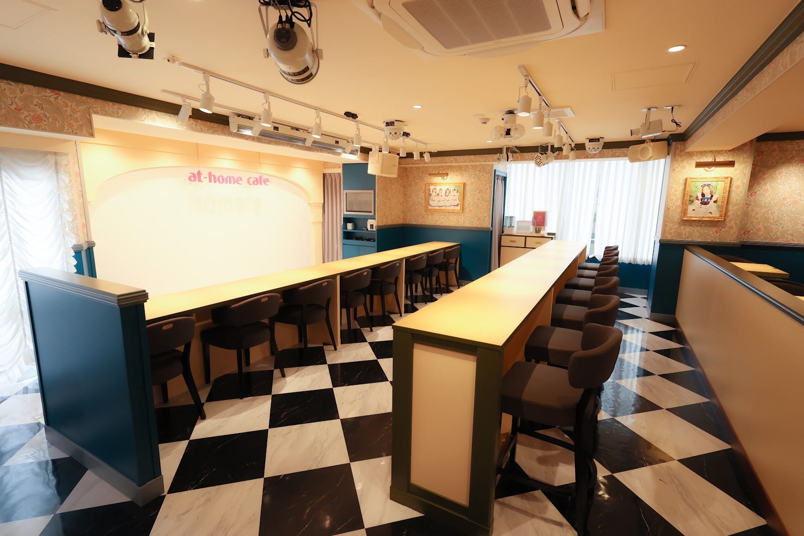The checkerboard interior of the @home maid cafe.