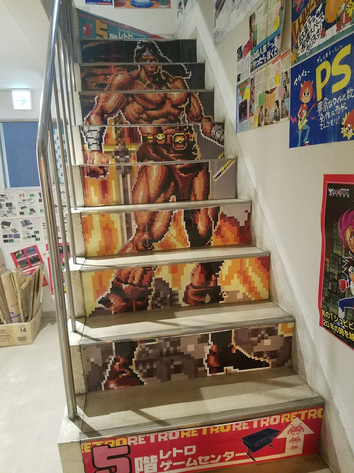 The pixel-art stairwell inside Super Potato.