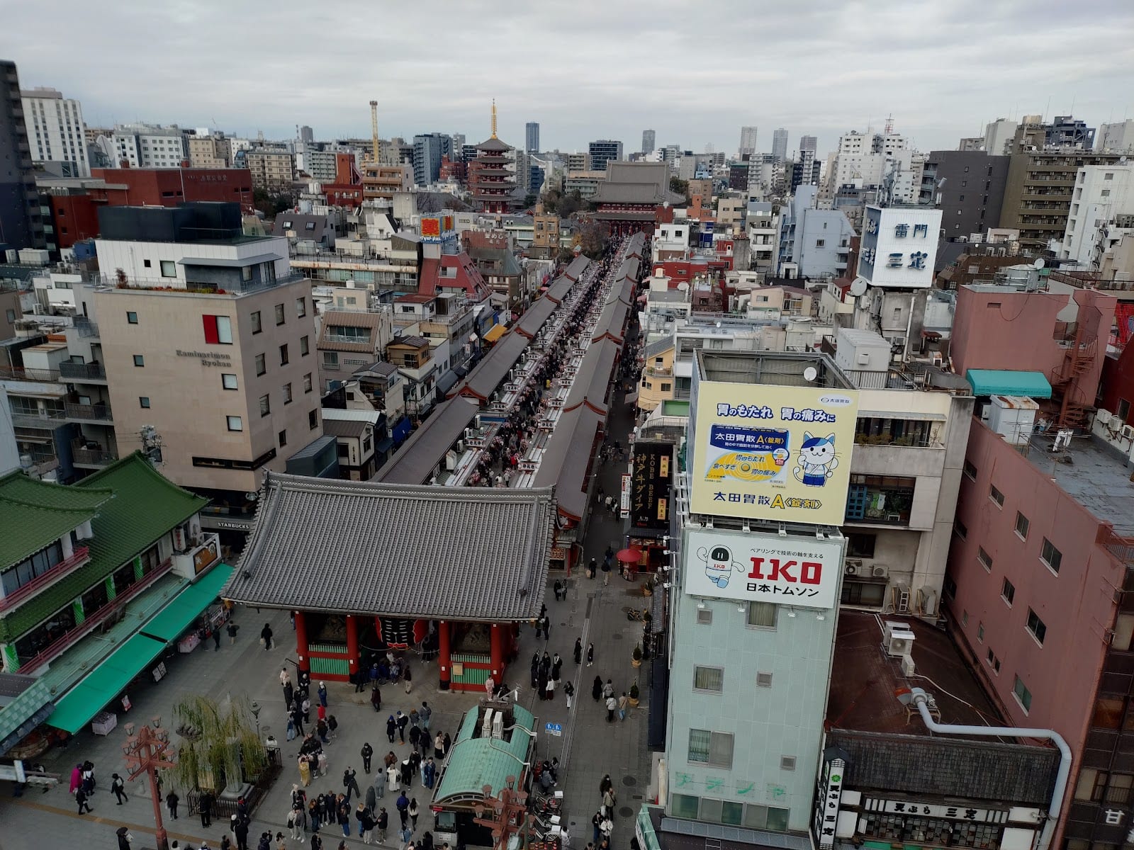 The view down Nakamise-dori to Senso-ji from the free 8th-floor deck.