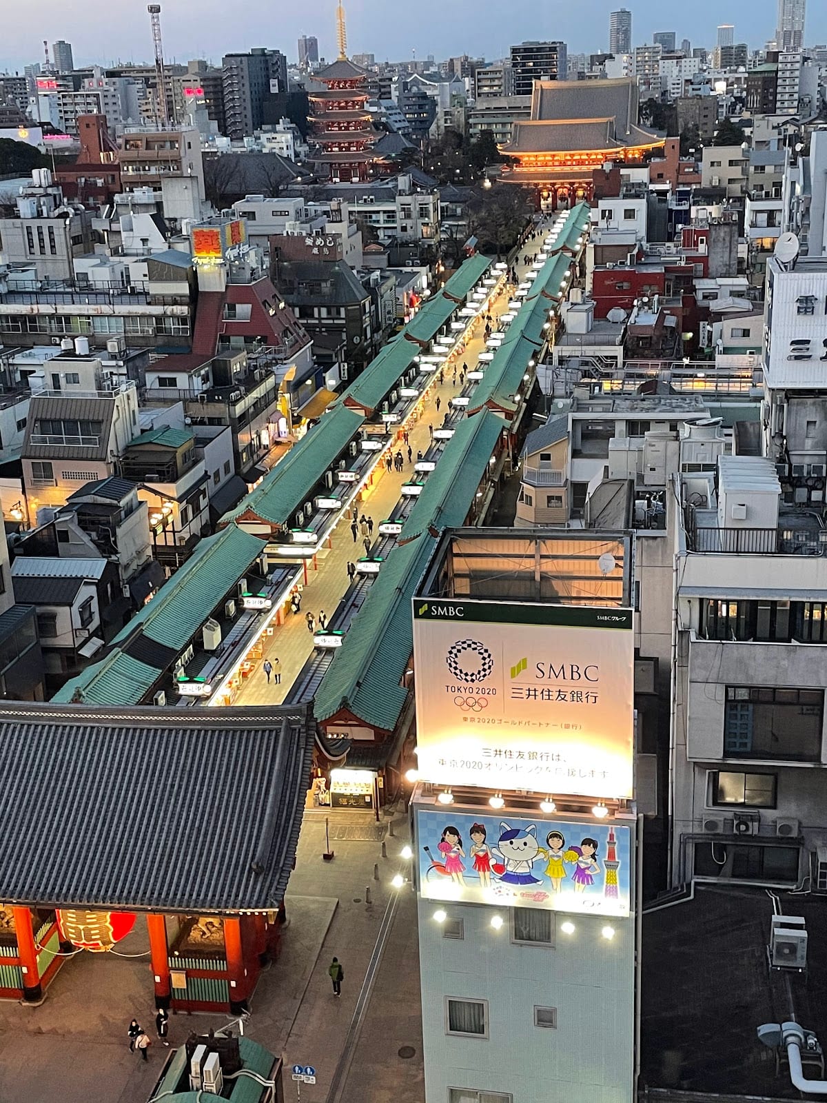 Nakamise-dori's covered run of stalls seen from above.