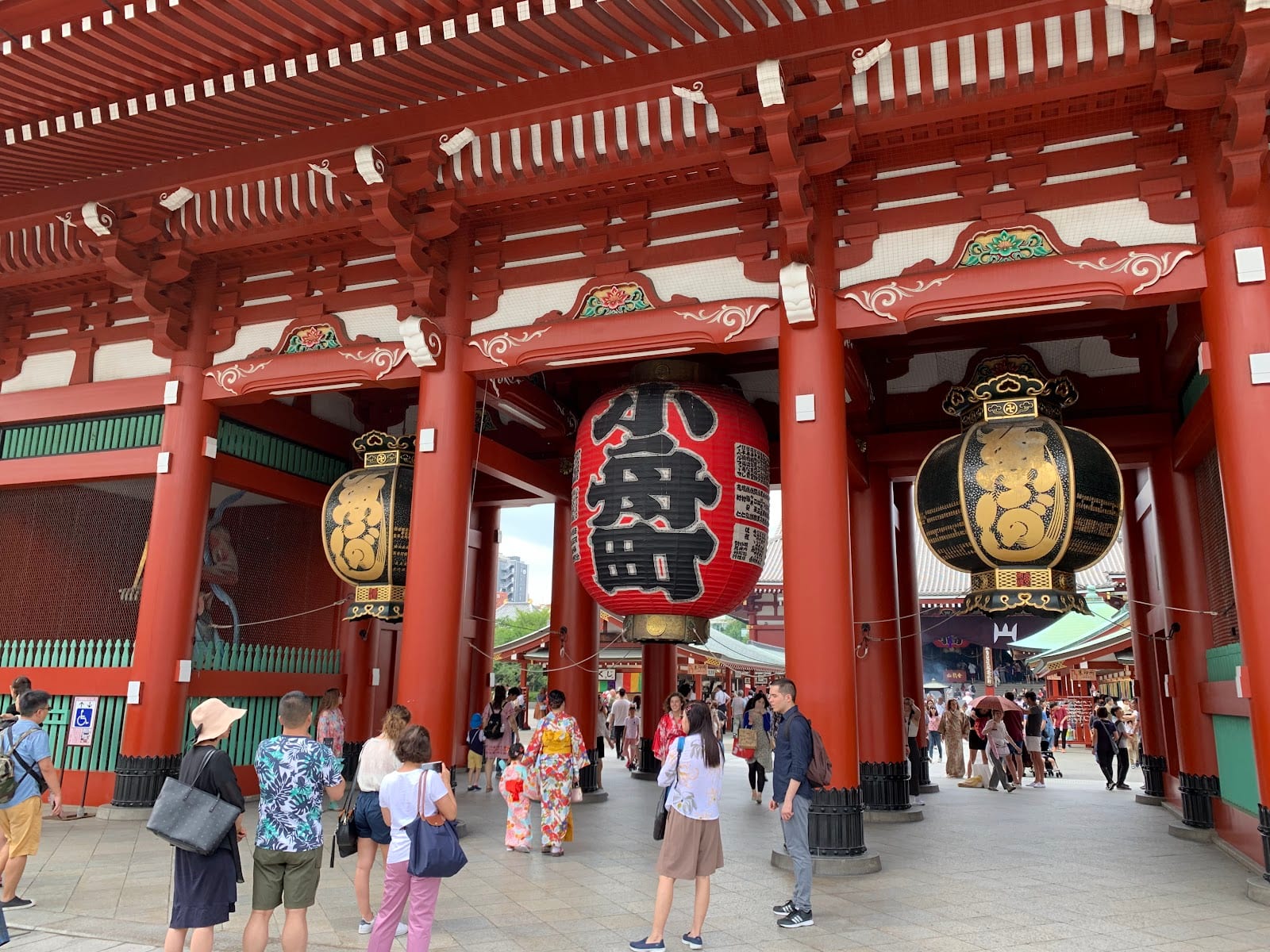 Visitors beneath the lanterns of Senso-ji's Hozomon gate.