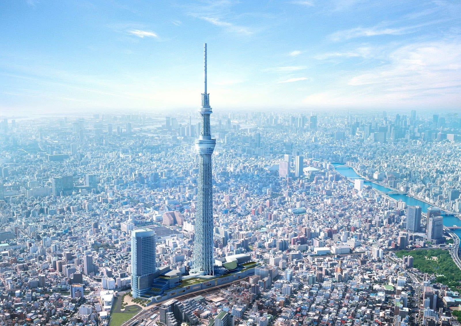 Tokyo Skytree rising over the city and the river.