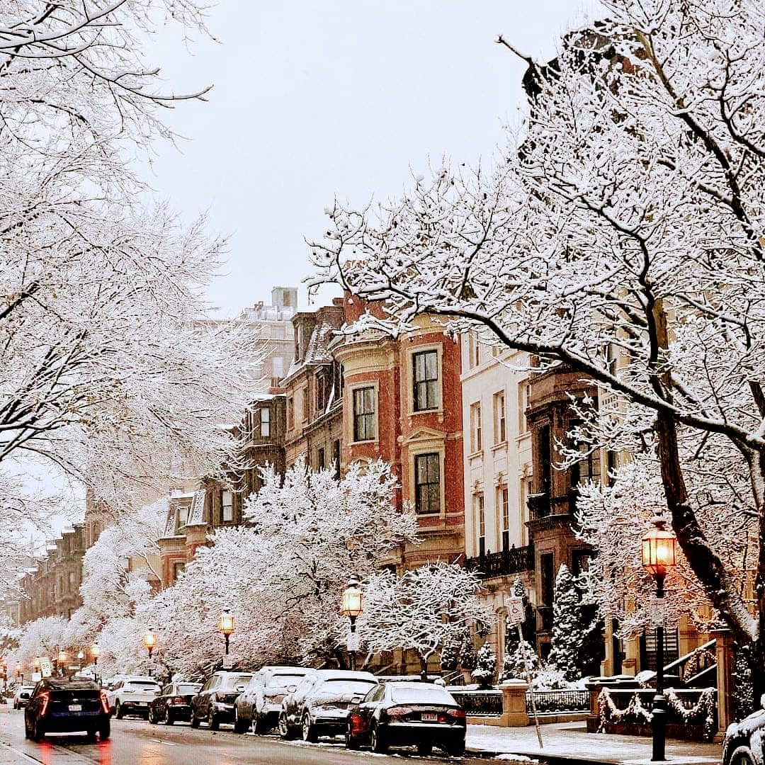 Commonwealth Avenue brownstones in Boston's Back Bay neighborhood.
