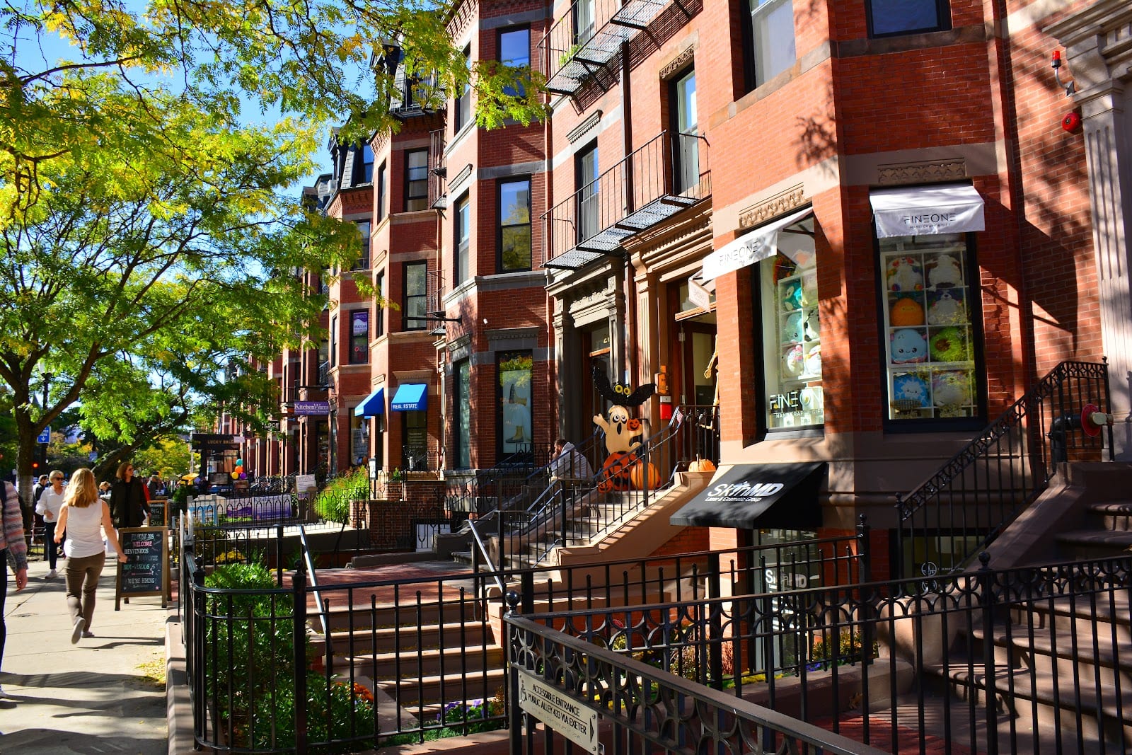 Brownstone-lined Newbury Street in Boston's Back Bay.