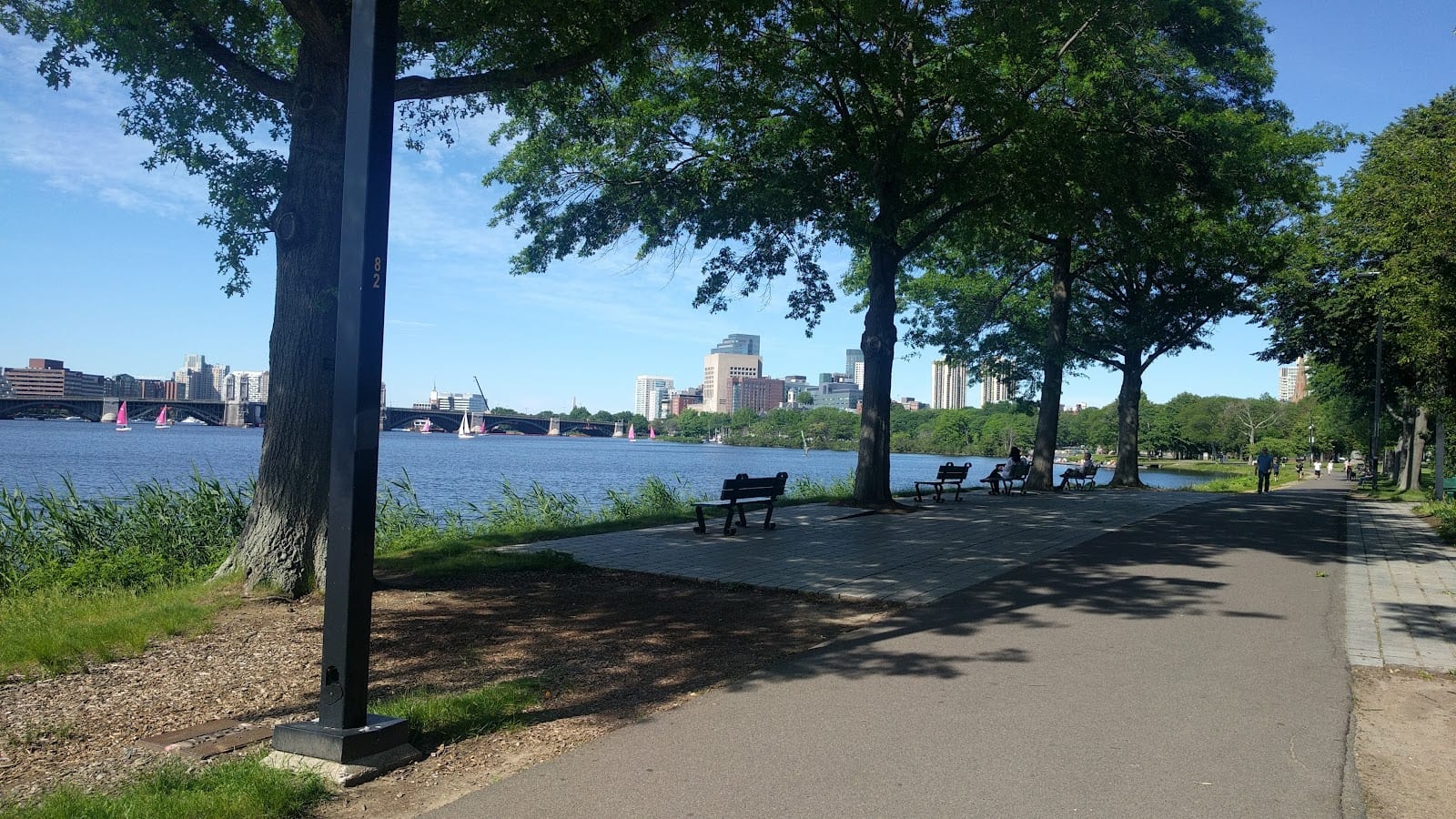 Charles River path with sailboats and the Boston skyline.