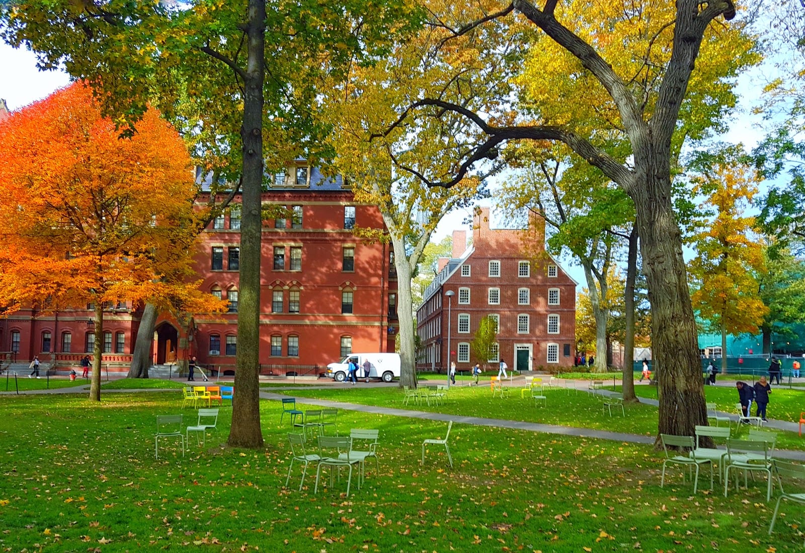 Harvard Yard with red brick buildings and tree-lined paths.