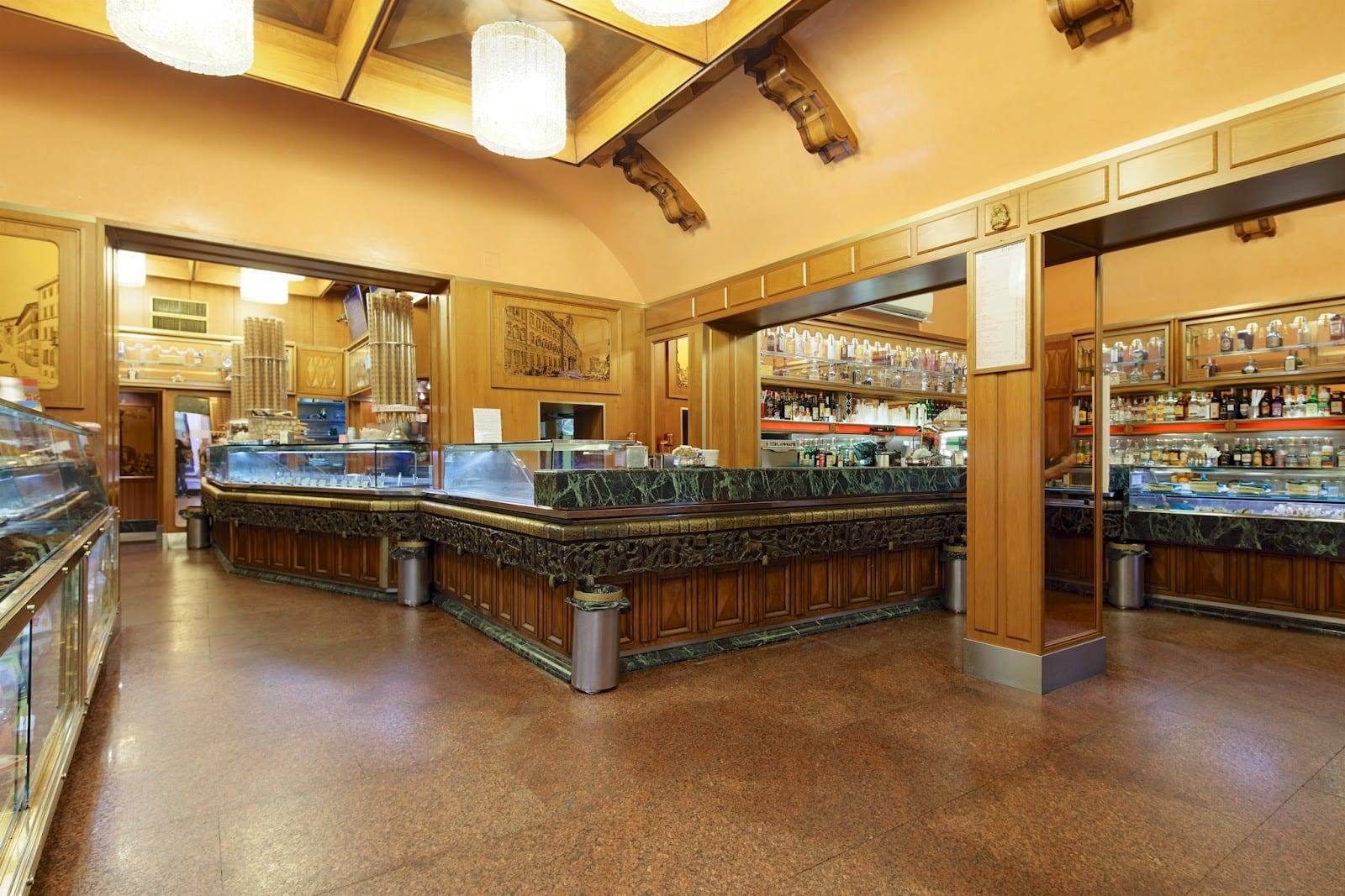 The historic marble-and-brass counter inside Giolitti gelateria.