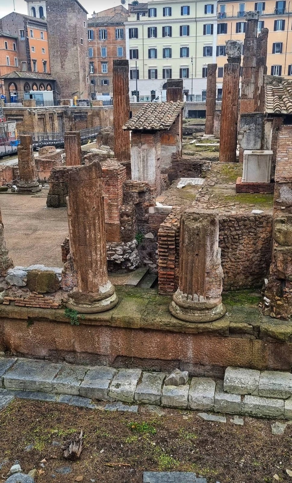 Republican-era columns and podiums in the sacred area of Largo di Torre Argentina.