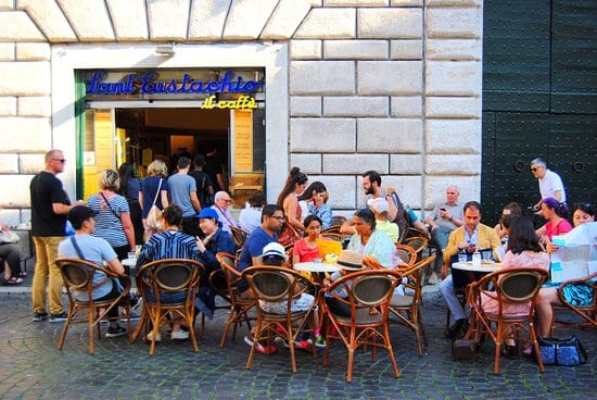 The outdoor tables and sign of Sant'Eustachio Il Caffè near the Pantheon.