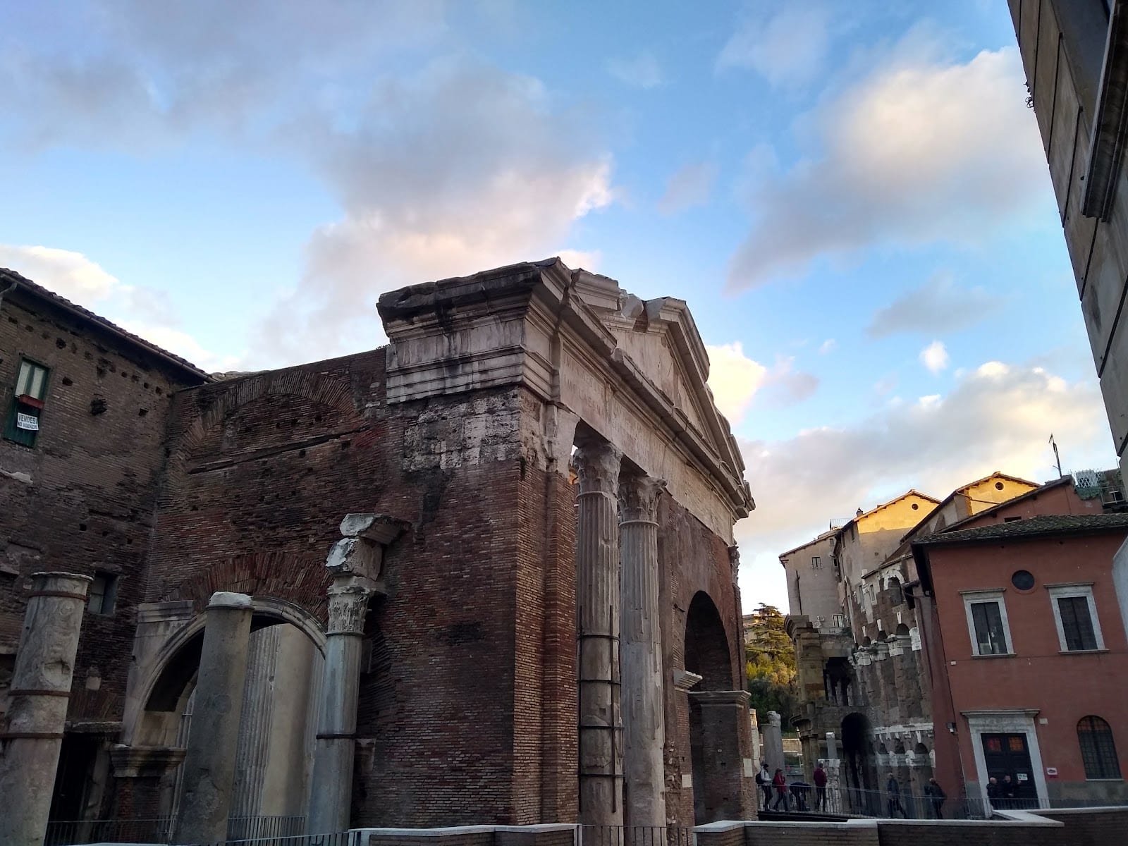 The Portico d'Ottavia and its columns at dusk in the Jewish Ghetto.