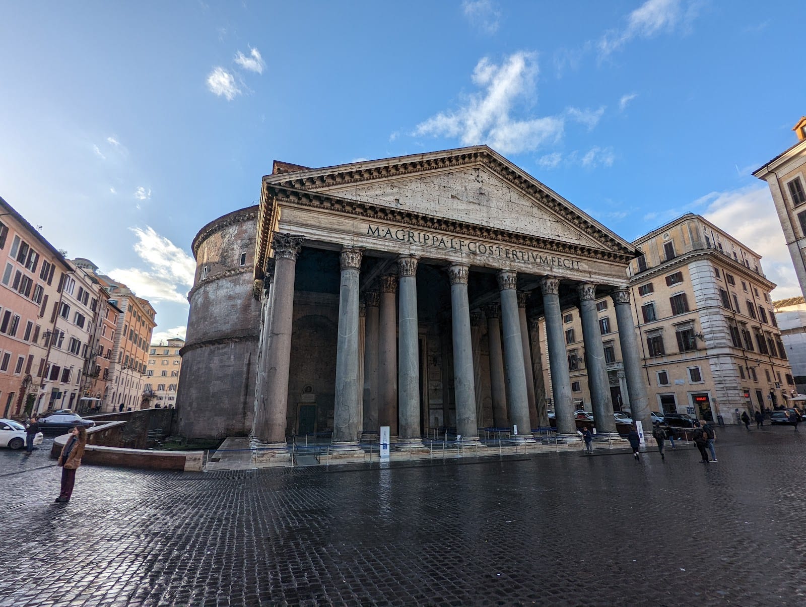 The domed rotunda and portico of the Pantheon from Piazza della Rotonda.