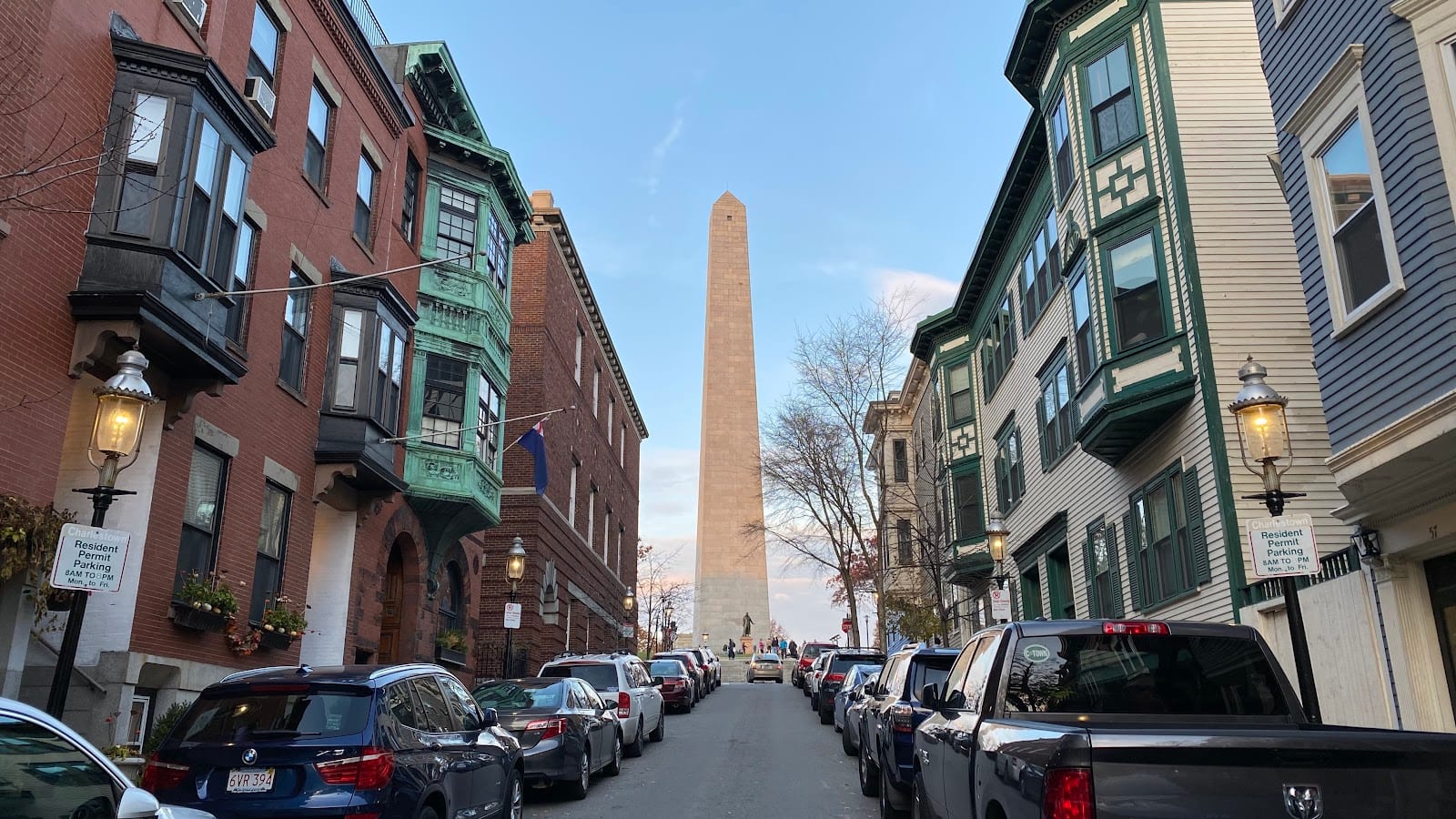 Bunker Hill Monument obelisk rising above Charlestown, Boston.