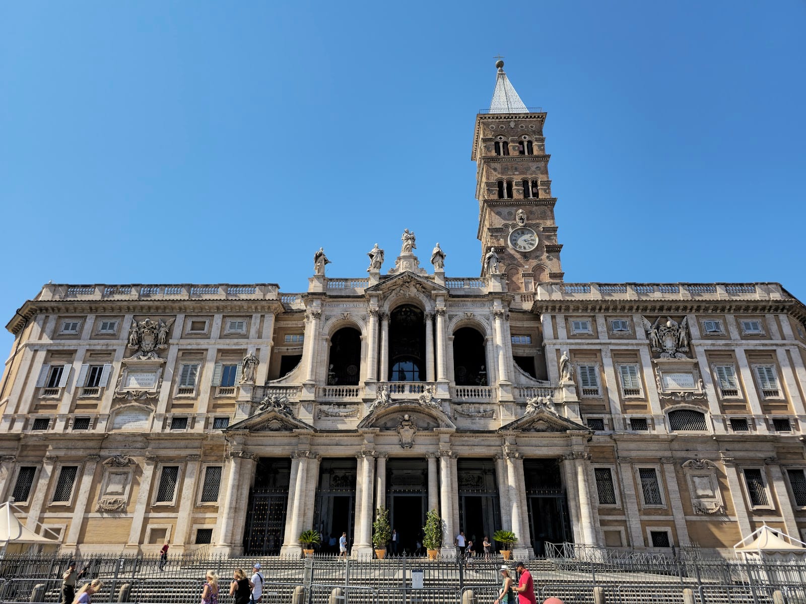 The facade and Romanesque bell tower of the Basilica di Santa Maria Maggiore on the Esquiline Hill in Rome.