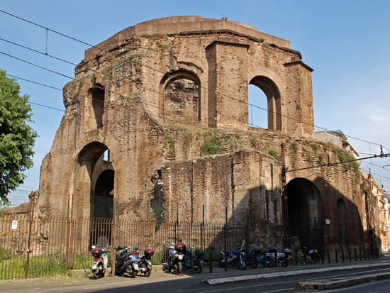 The decagonal domed brick ruin of the so-called Temple of Minerva Medica in Rome.