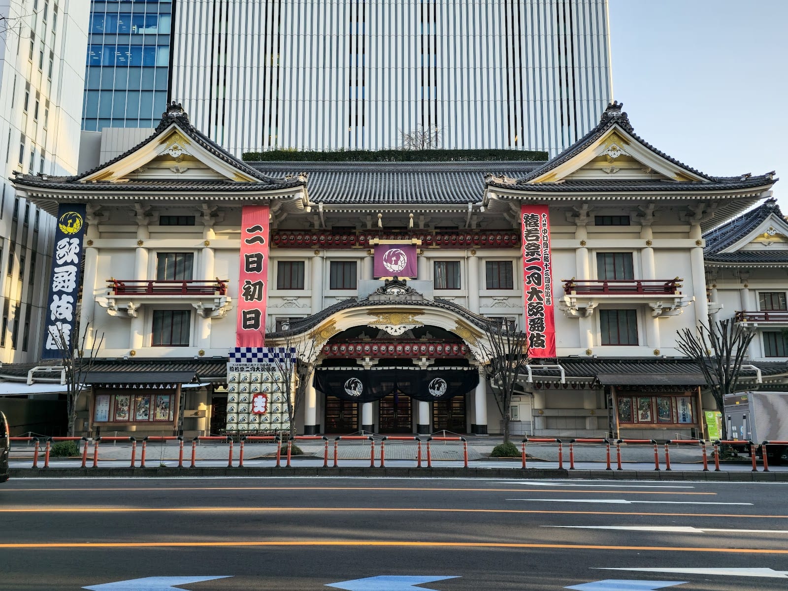 The momoyama-style facade of the Kabukiza theatre by day.