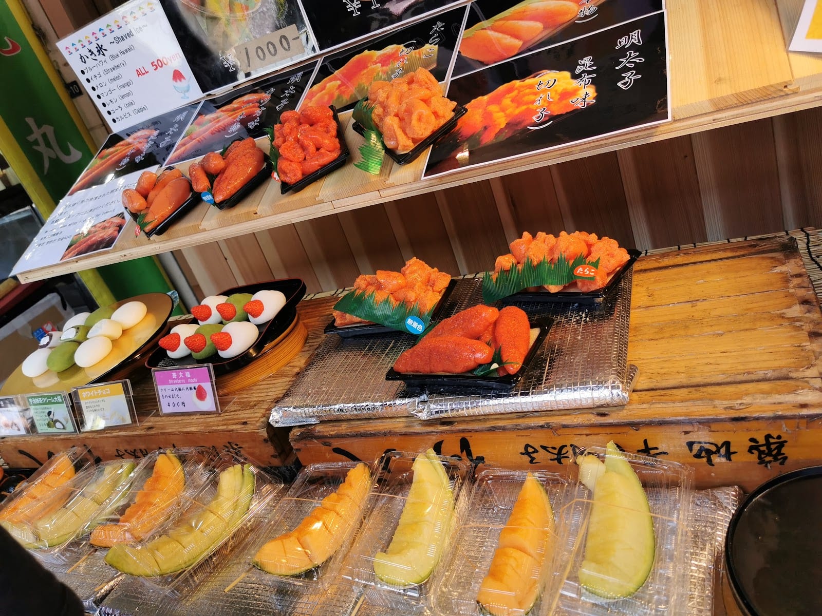 Fresh sushi and seafood on display at the Tsukiji Outer Market.