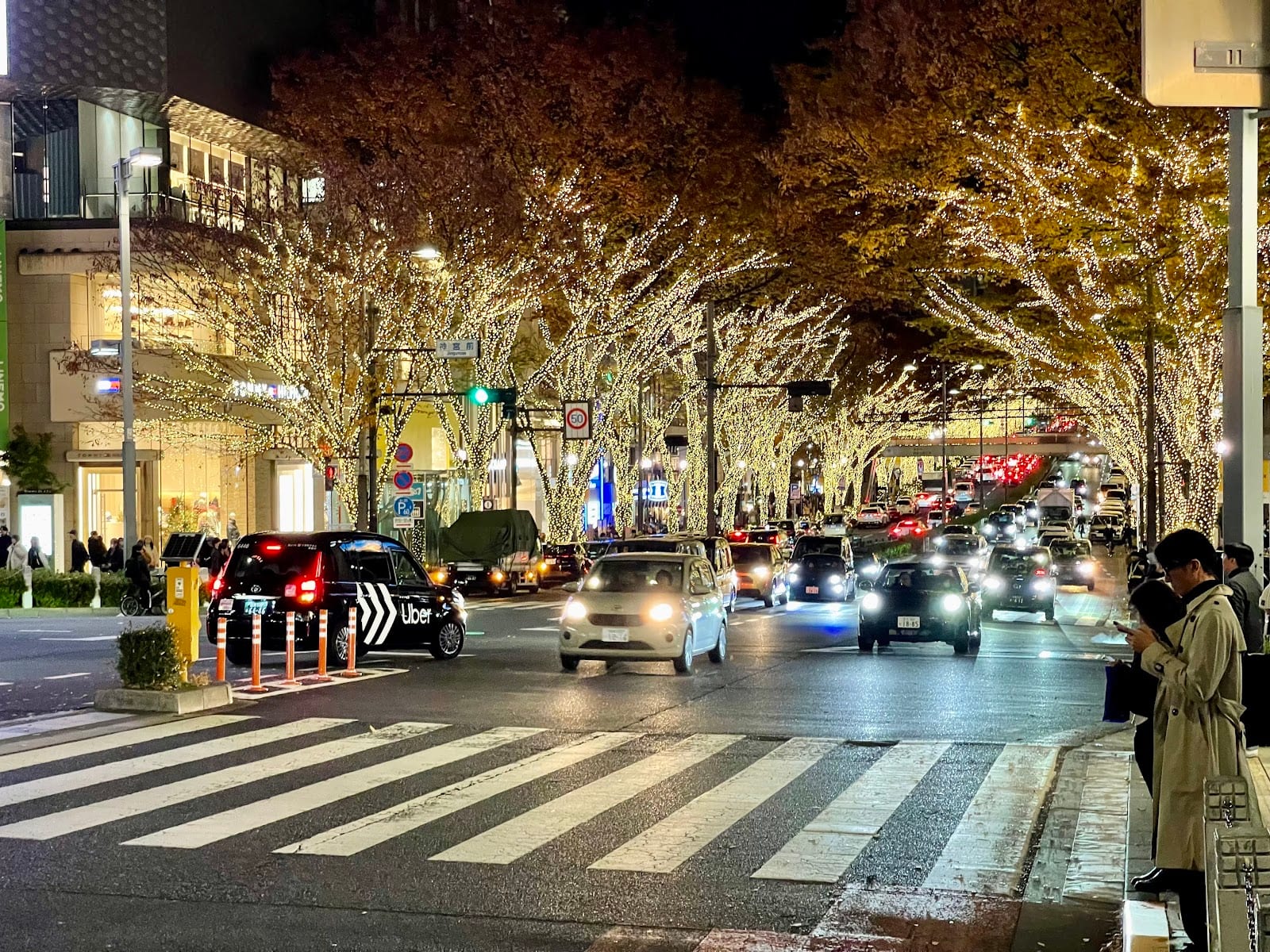 The tree-lined Omotesando boulevard at its crossing.