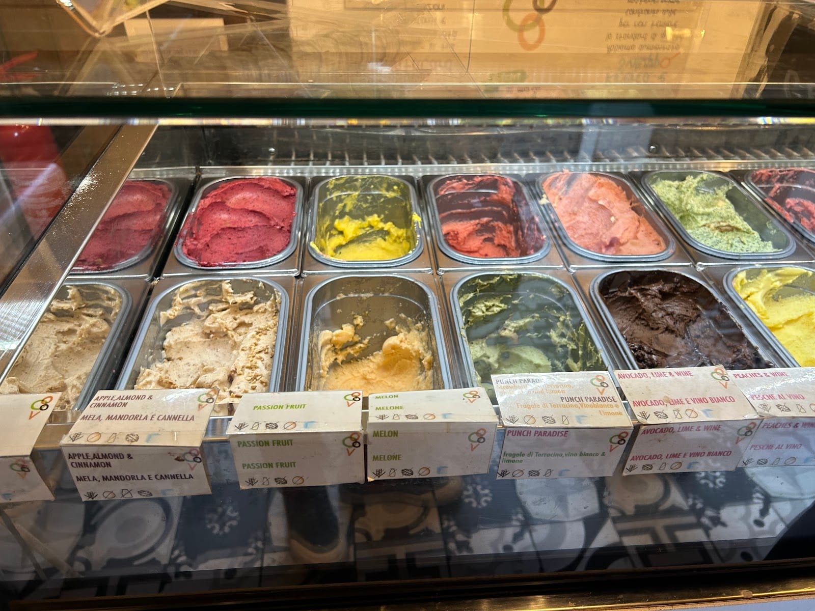 Trays of colorful natural gelato in the Fatamorgana display case.