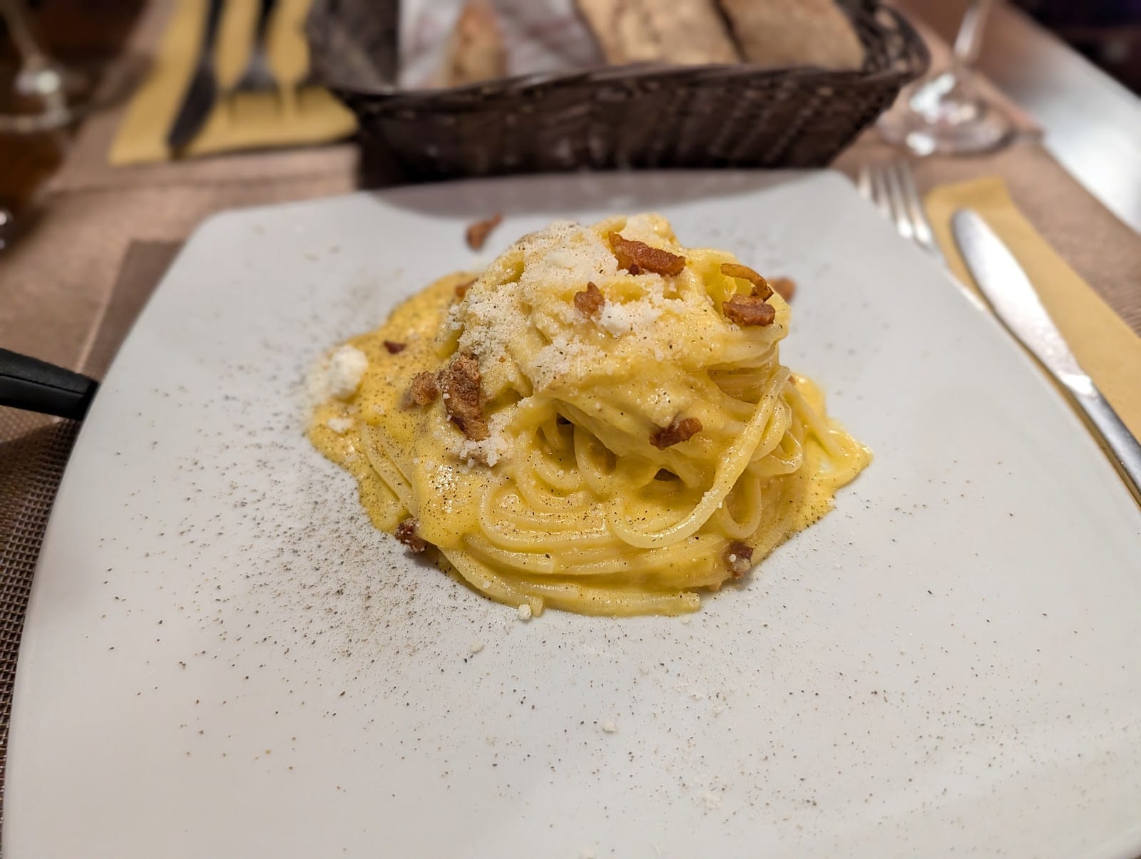 A plate of spaghetti alla carbonara at La Carbonara in Monti.