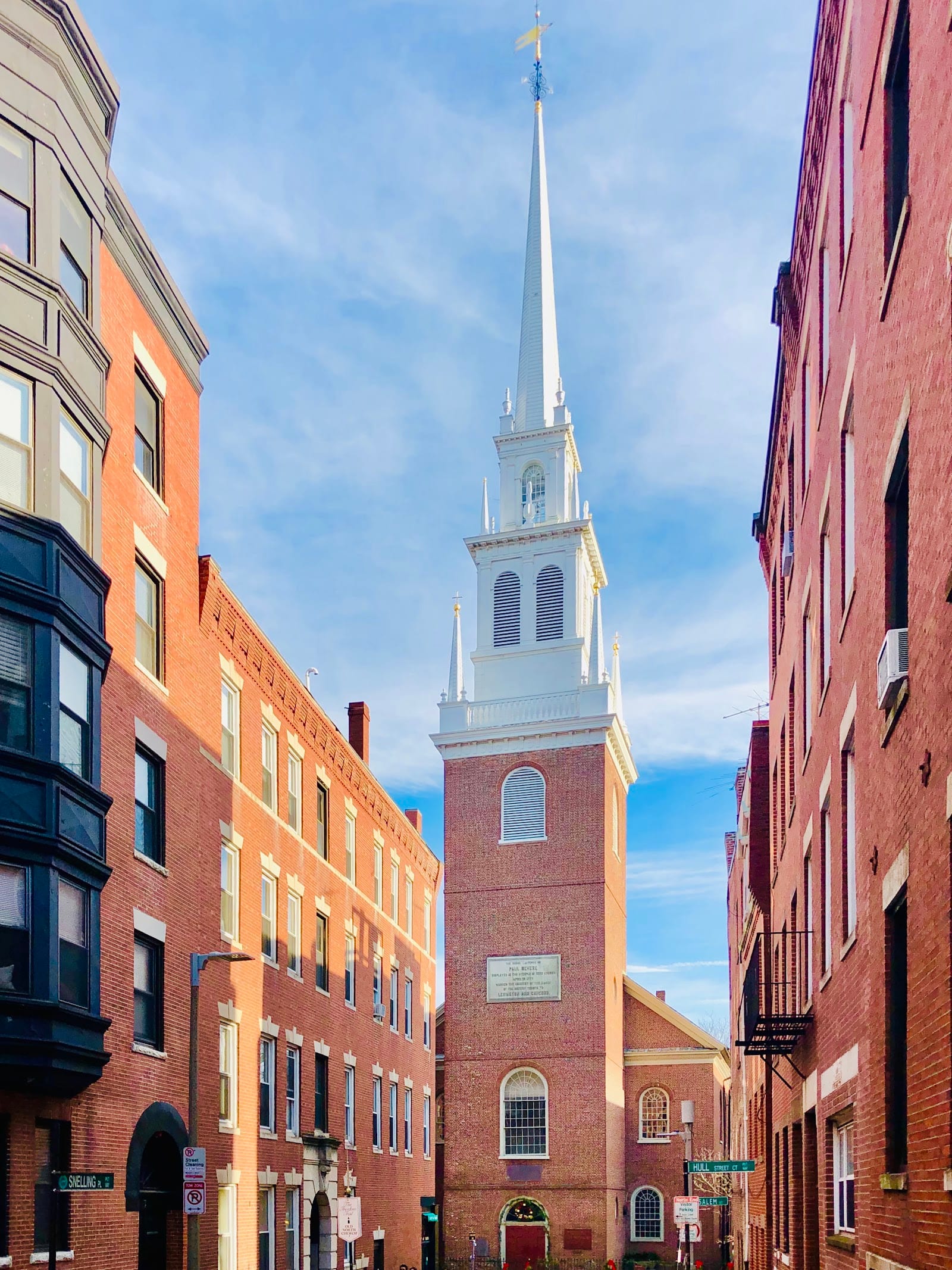 Old North Church steeple rising above North End rooftops.
