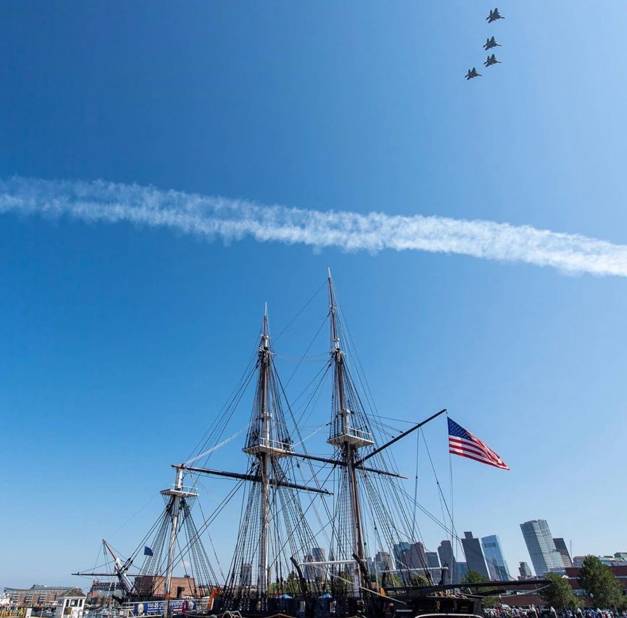 The USS Constitution and the Bunker Hill Monument at the Charlestown Navy Yard, Boston