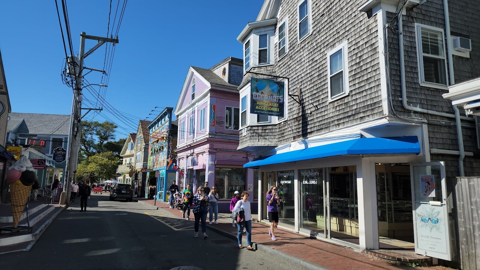 Commercial Street in downtown Provincetown, shops and pedestrians