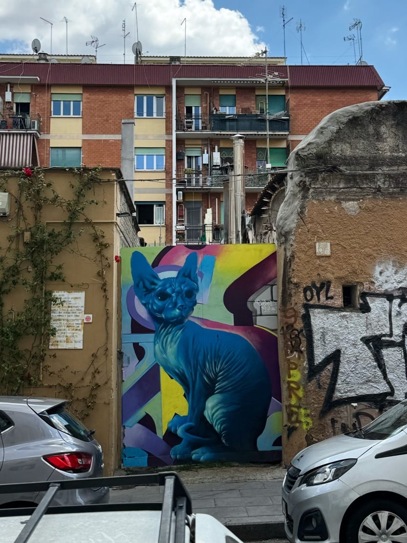 A vivid blue-cat mural on a graffiti-covered wall in San Lorenzo.