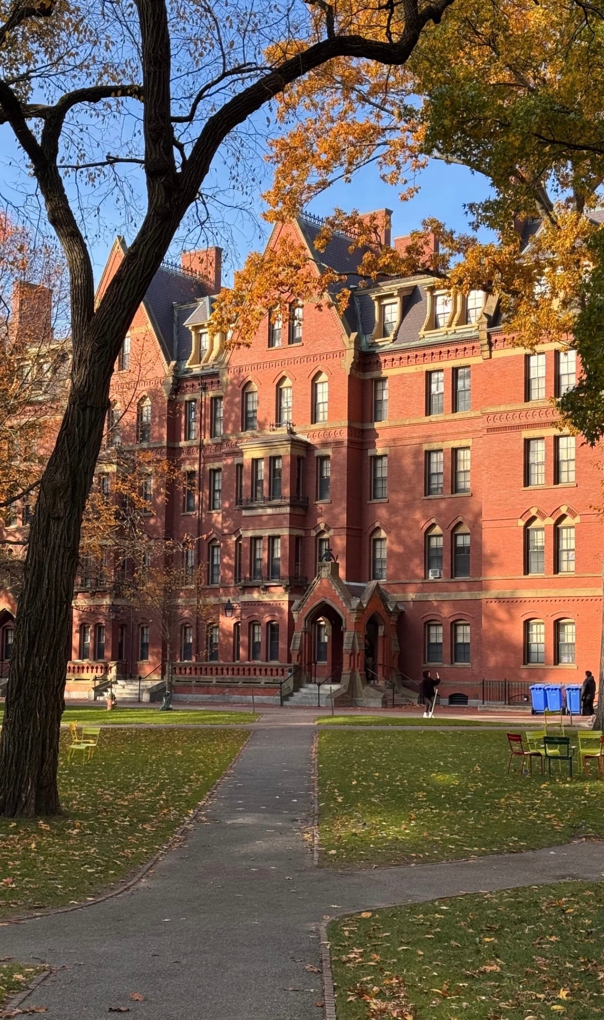 Harvard University campus, red brick buildings and green lawn