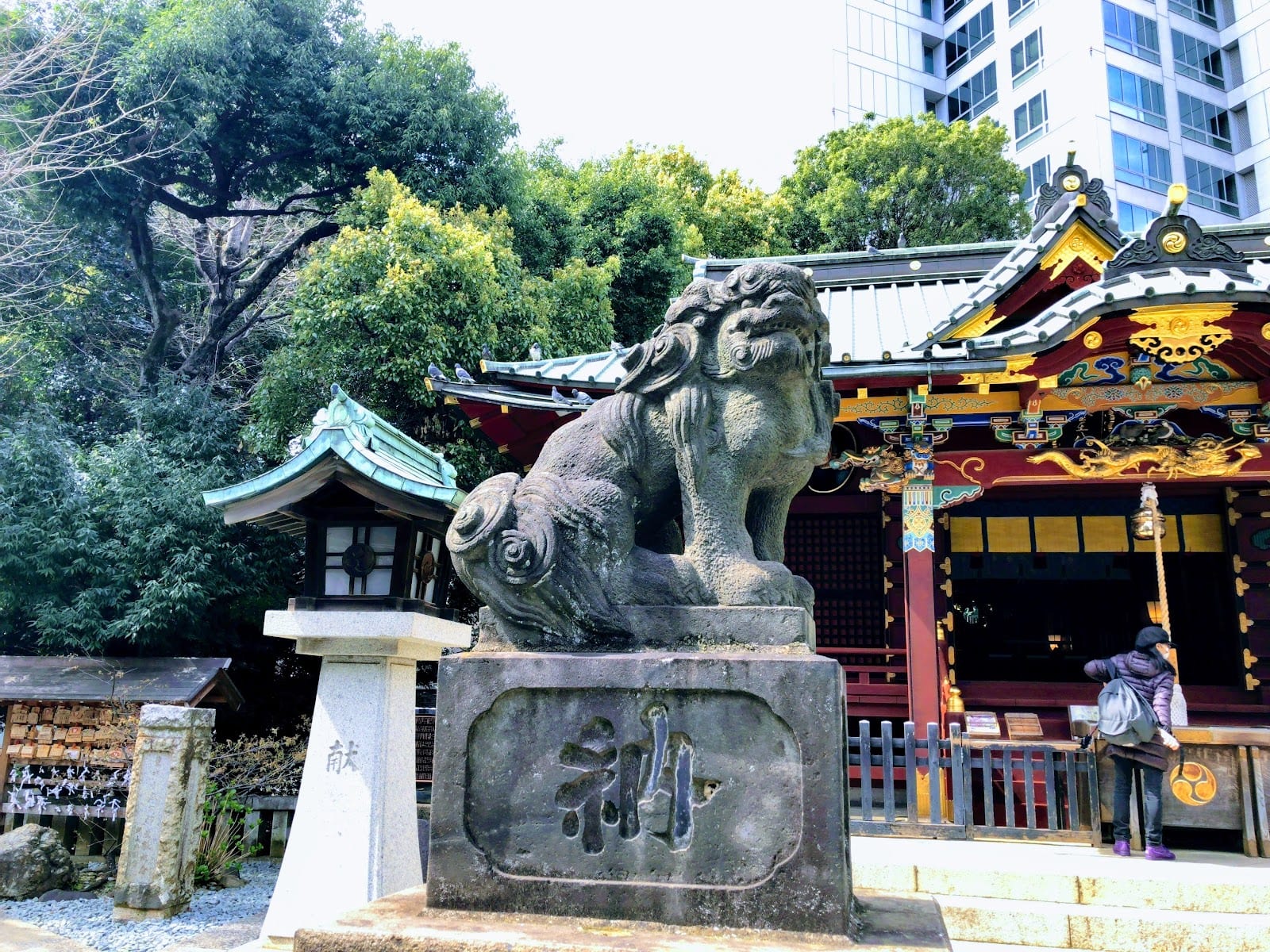 A stone komainu guarding the grounds of Konno Hachimangu.