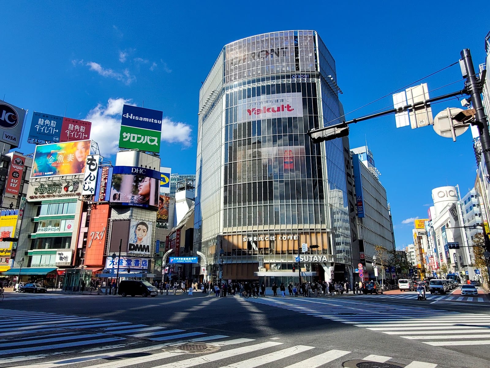 A daytime view across the wide Shibuya Scramble Crossing.
