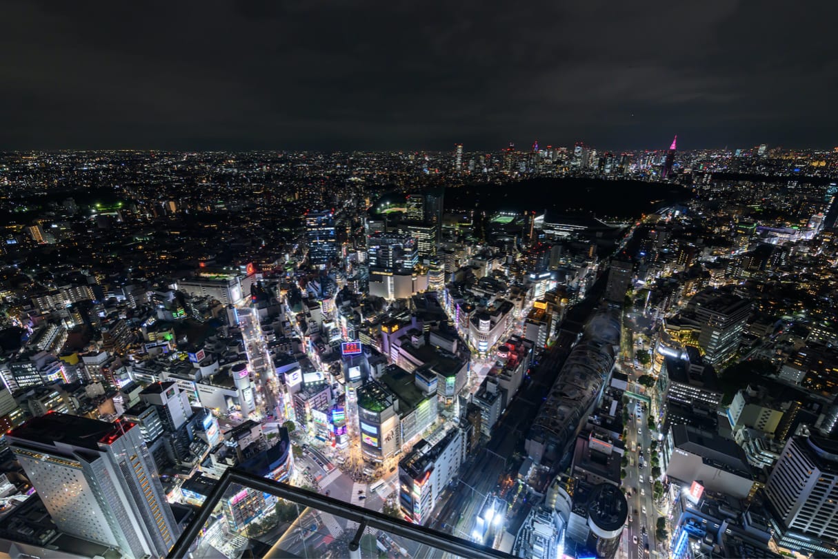 The city lights of Tokyo seen at night from Shibuya Sky.