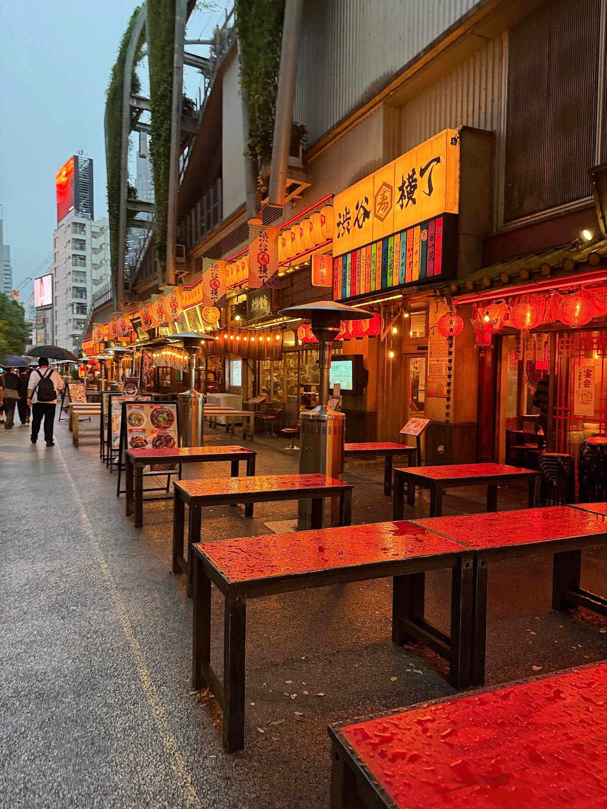 Red lanterns over the open-air Shibuya Yokocho.