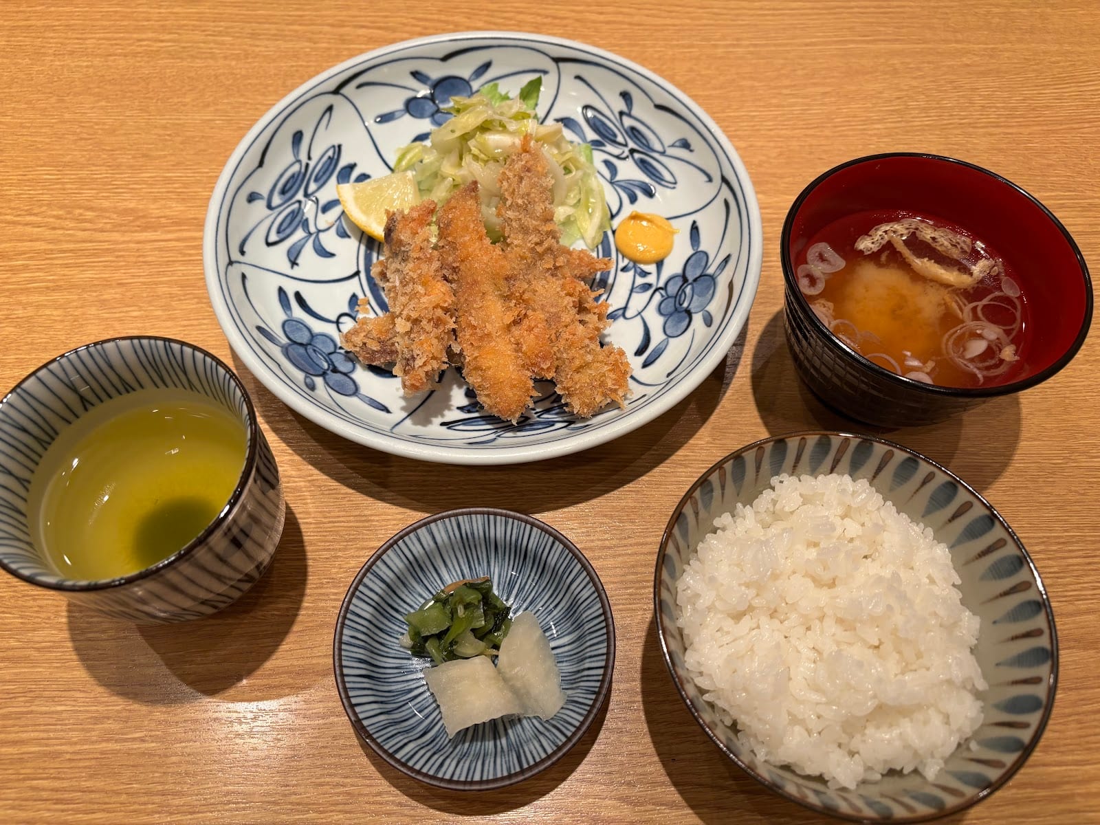 A fried-sardine set lunch with rice and miso soup at Nakajima.