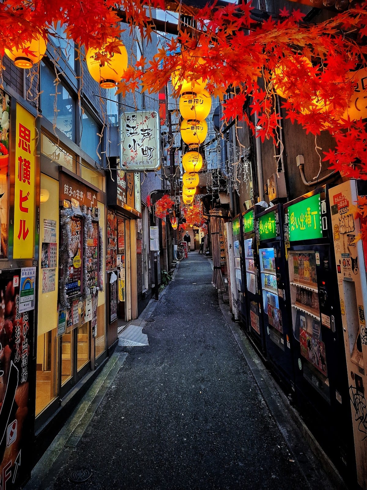 The narrow, lantern-strung lane of Omoide Yokocho at night.