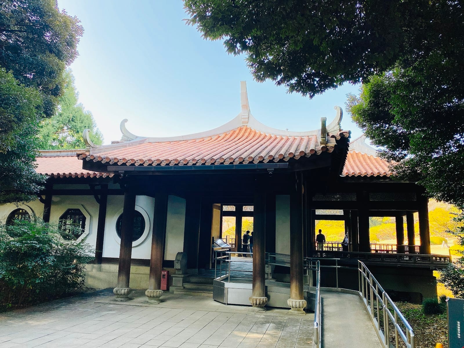The Taiwan Pavilion above the pond in the Japanese garden at Shinjuku Gyoen.