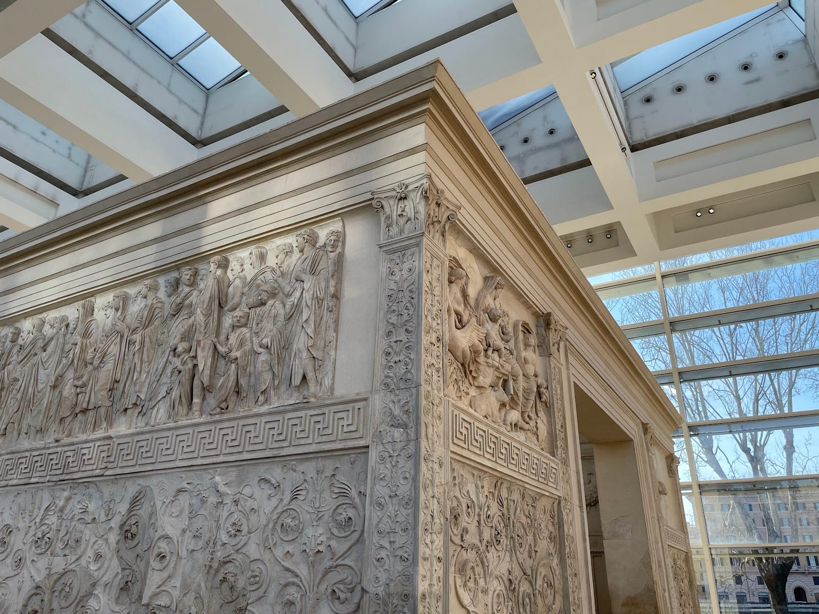 The Ara Pacis altar inside Richard Meier's skylit glass pavilion.