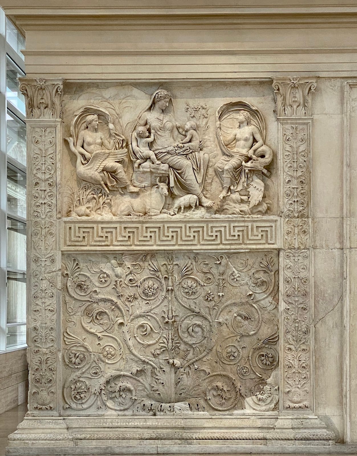 A close-up of the processional relief frieze on the Ara Pacis.