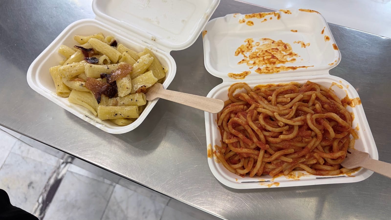 Two takeaway plates of fresh pasta from Pastificio Guerra.