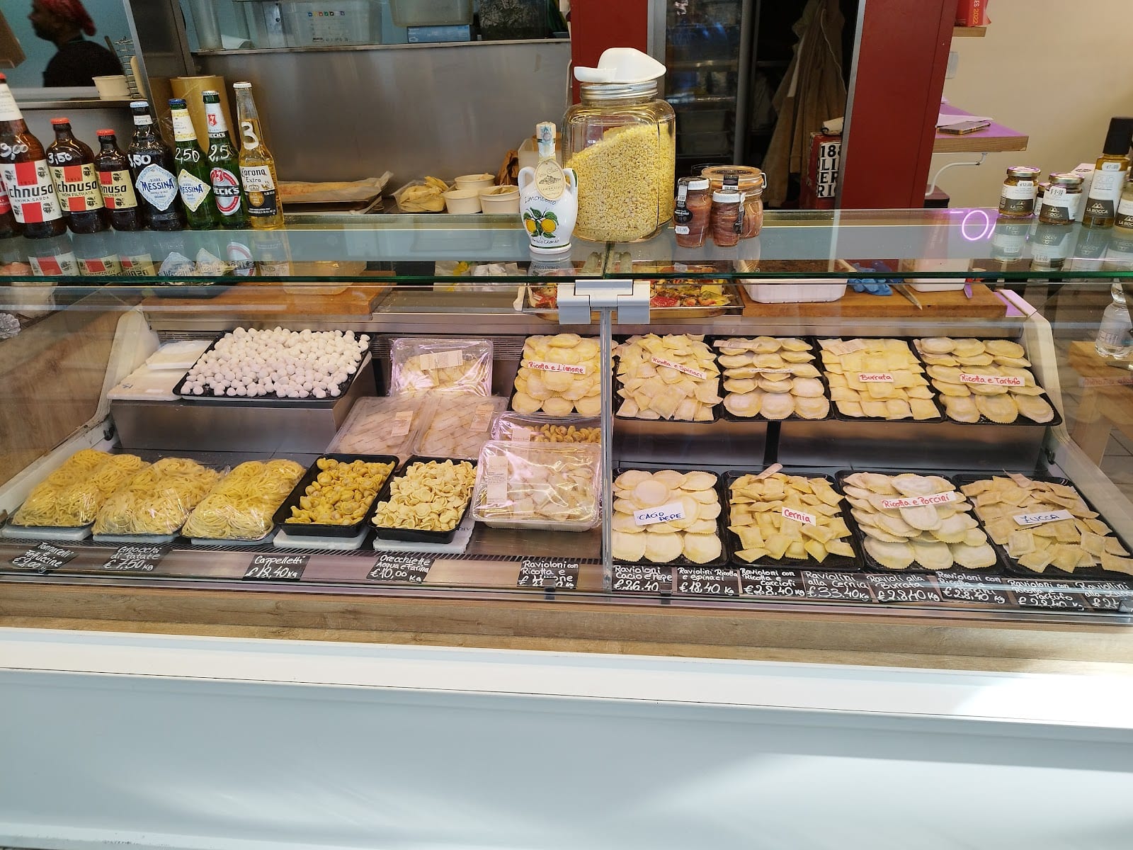 A case of fresh pasta at a stall in the Testaccio market.