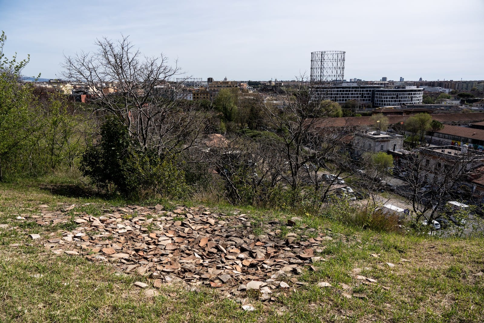 Pottery shards on the slope of Monte Testaccio above the Testaccio rooftops.