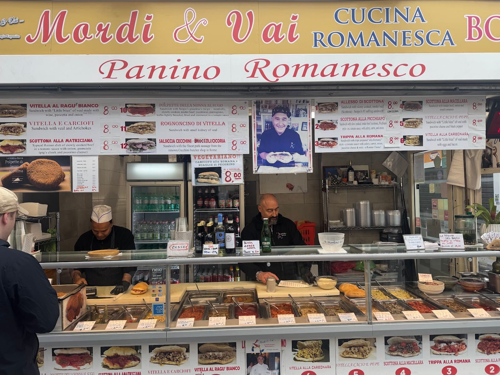 The Mordi e Vai sandwich stall counter in the Testaccio market.