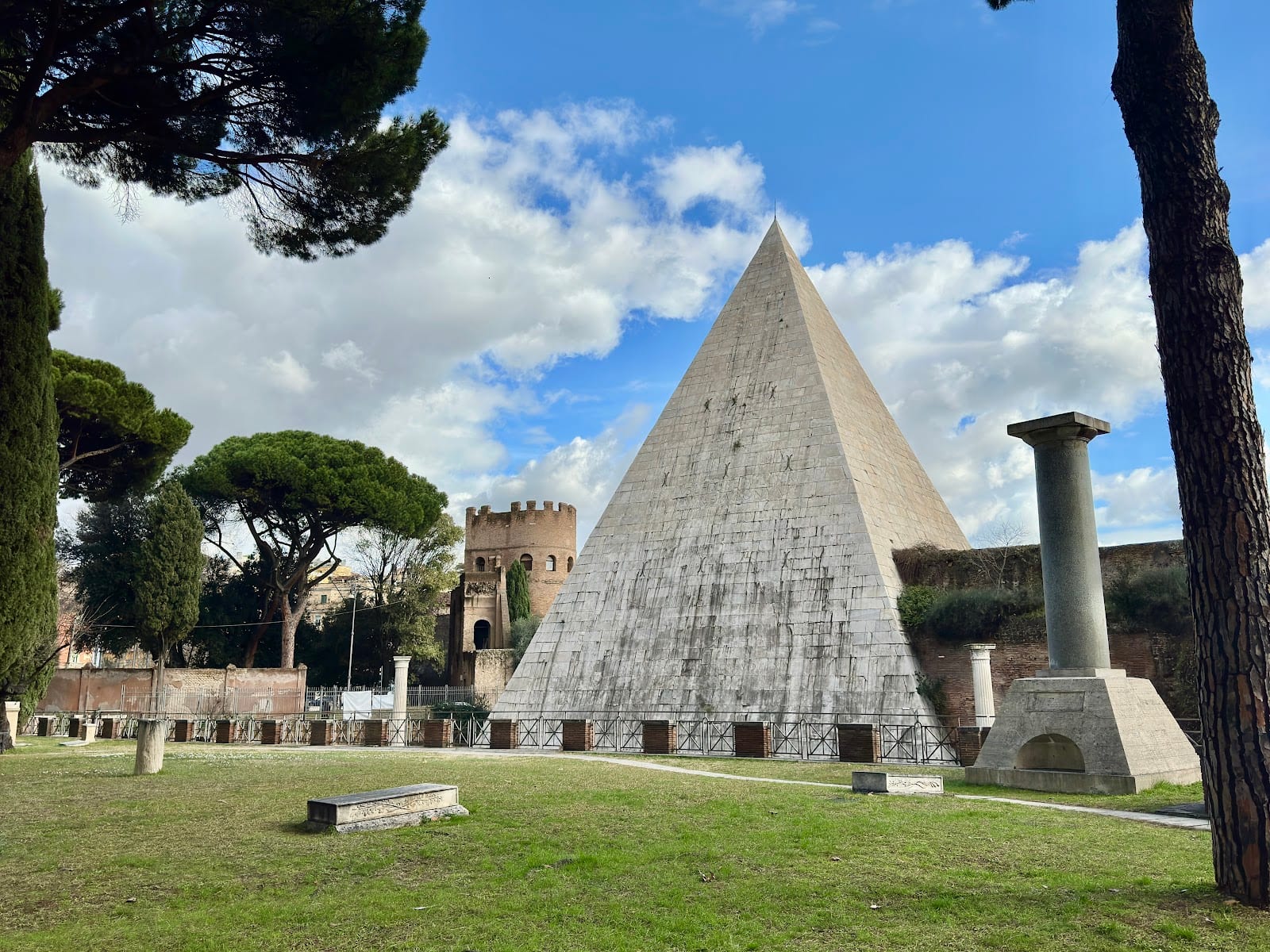 The Pyramid of Cestius seen over the walls of the Non-Catholic Cemetery.