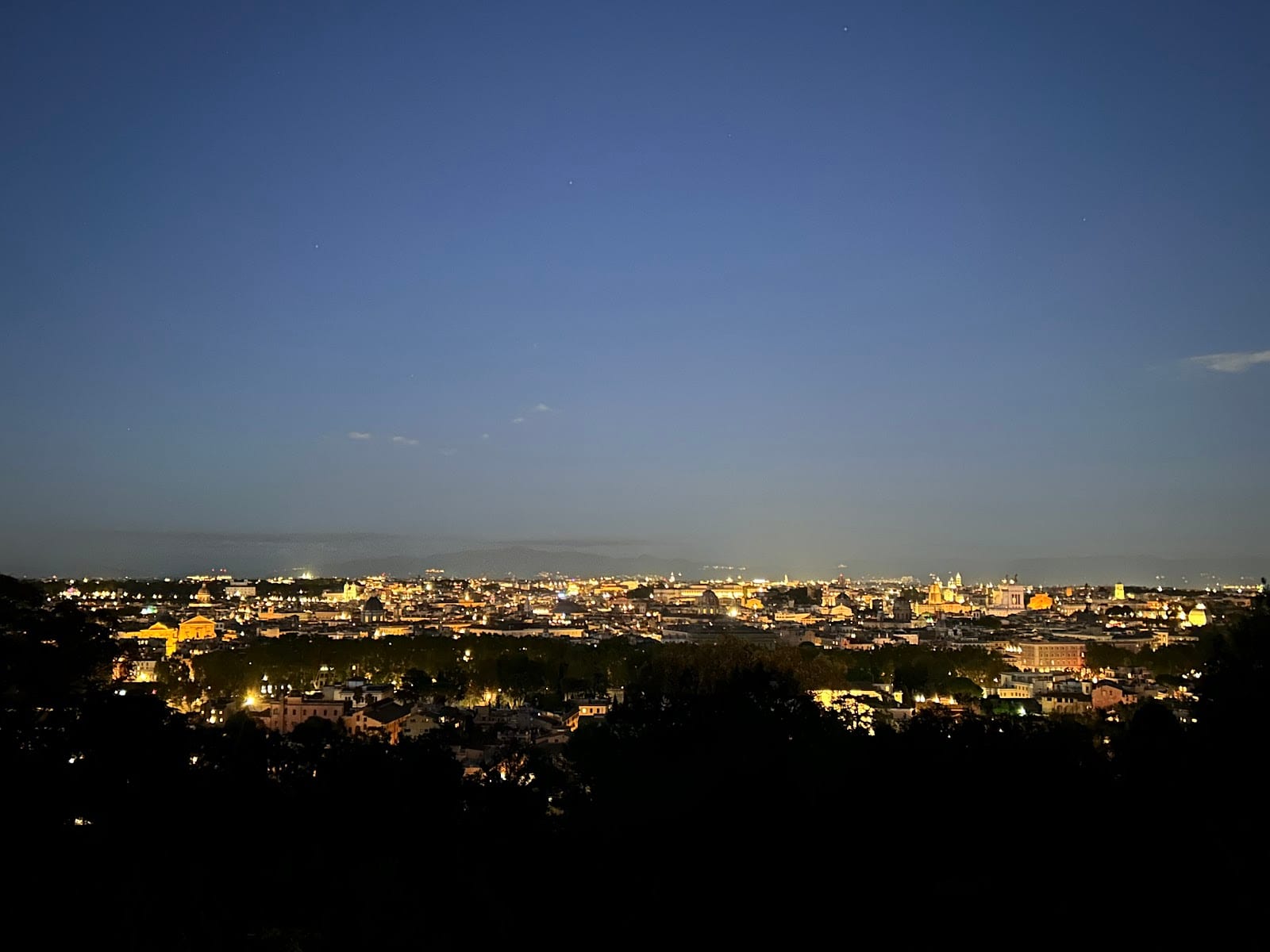 The city lights of Rome at night seen from the Janiculum Hill.