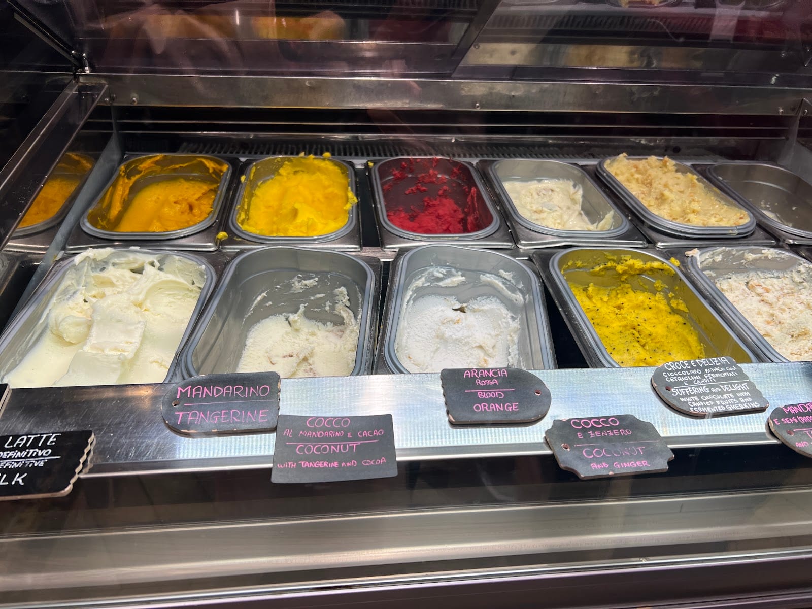 The gelato case at Otaleg, with its rotating flavors.
