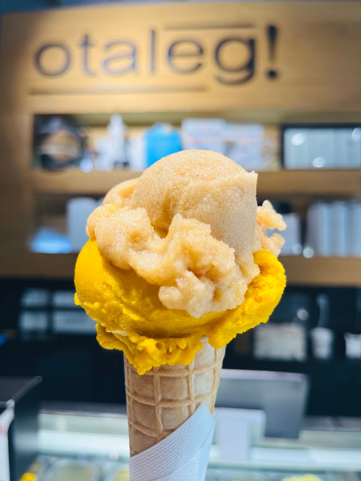 A cone of mango and cream gelato at Otaleg in Trastevere.
