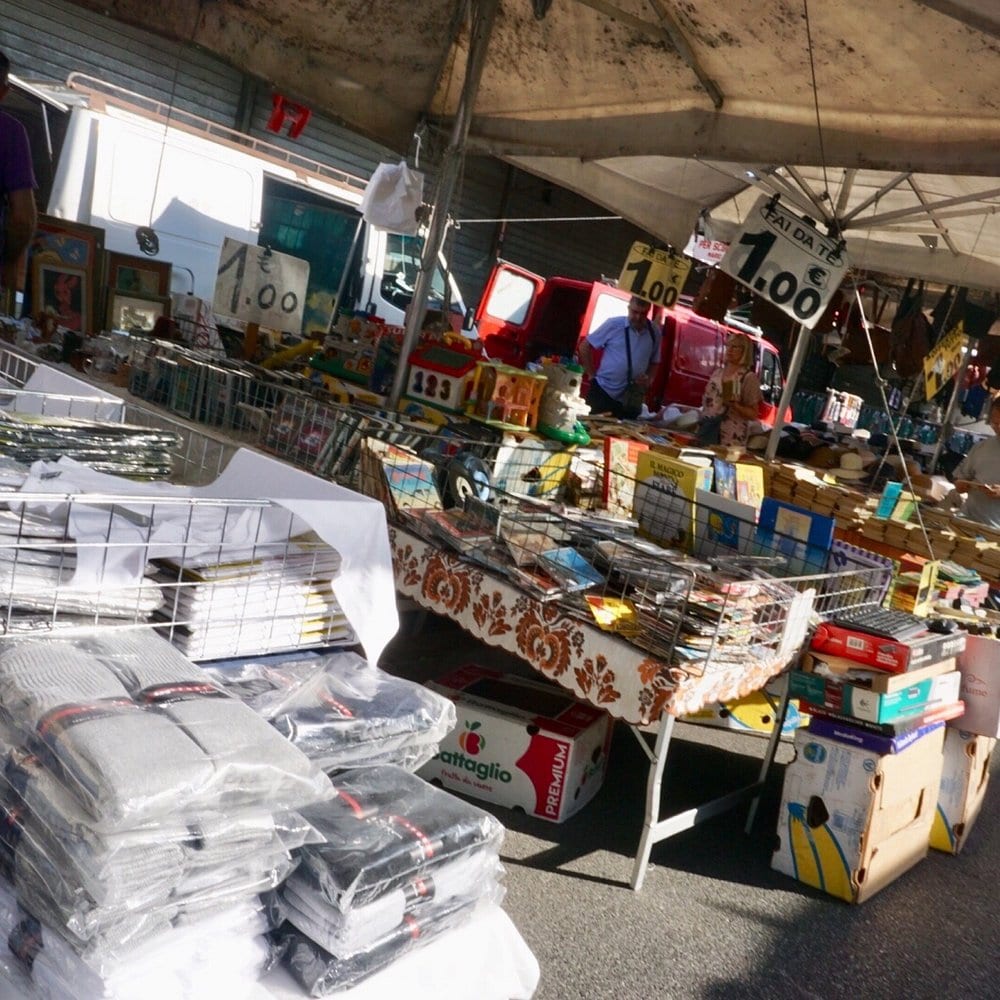 Stalls of antiques and bric-a-brac at the Porta Portese market.