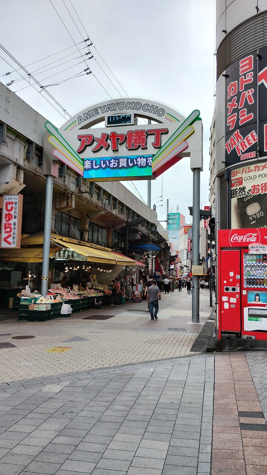 Daytime stalls of fresh seafood and snacks along Ameyoko.