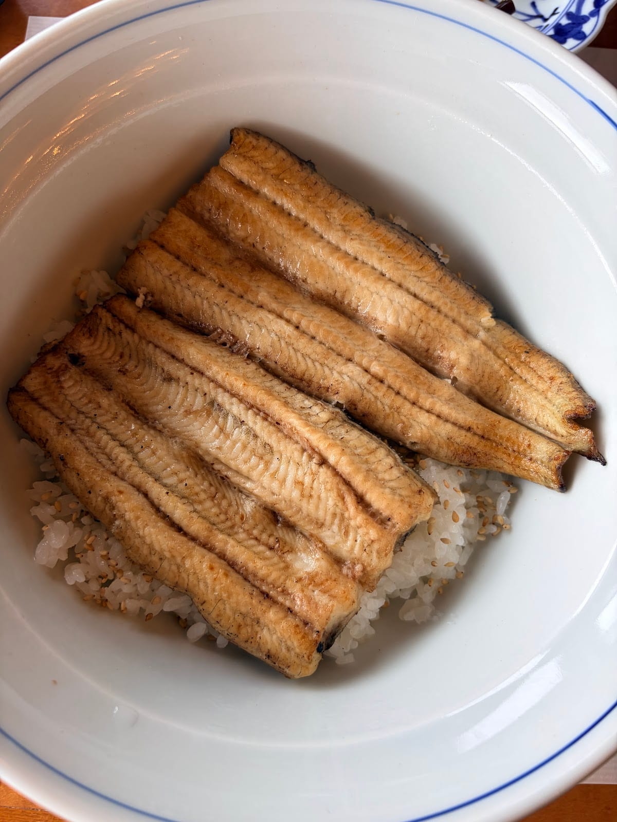 A close-up of glazed grilled eel over rice at Izuei.
