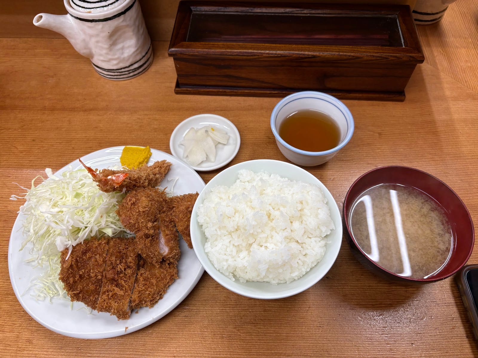 A tonkatsu set meal with rice and miso soup at Yamabe.